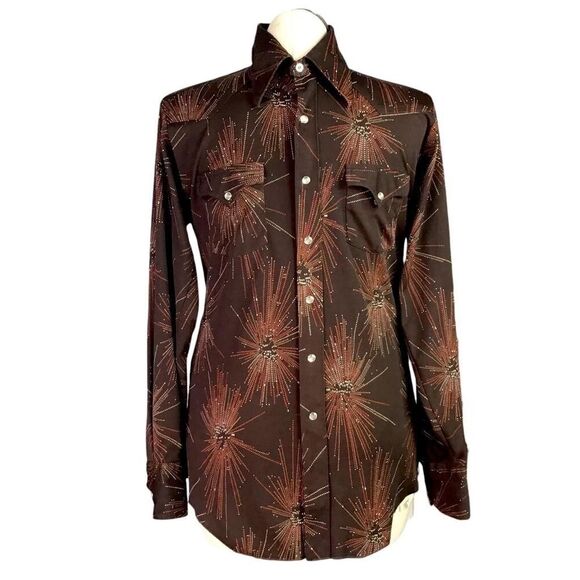 H Bar C Pearl Snap Western Shirt Men 16 35 Brown Atomic 1970s Rockabilly - Picture 1 of 8